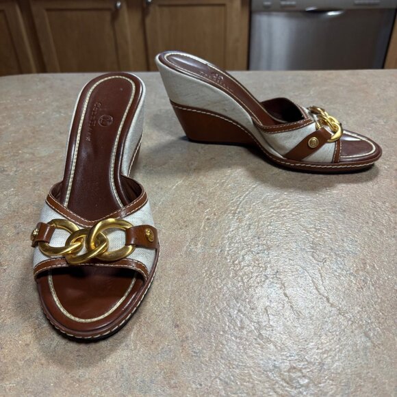 Worn 1X Cole Haan Kina Wedge Sandals Natural Linen Gold Accent Slides Size 8 B - Picture 2 of 16